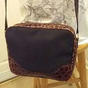 Vintage Salvatore Ferragamo Black Canvas and Brown Crocs Prints Crossbody Bag